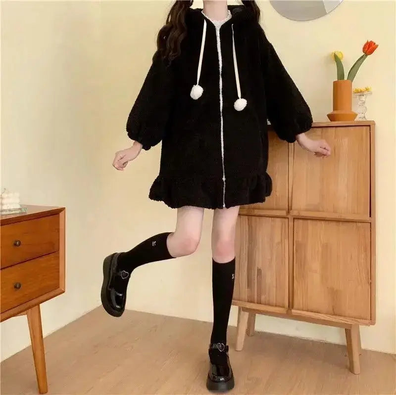Japanese Style Autumn Winter Women Sweet Warm Jacket Kawaii Soft Lambswool Ruffles Rabbit Ears Hooded Coats Girls Parkas Outwear