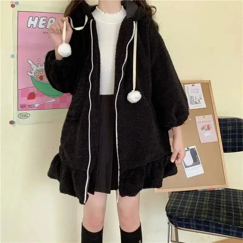 Japanese Style Autumn Winter Women Sweet Warm Jacket Kawaii Soft Lambswool Ruffles Rabbit Ears Hooded Coats Girls Parkas Outwear