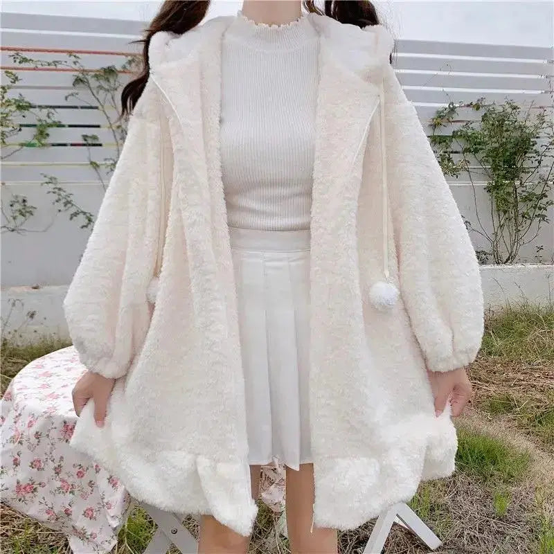 Japanese Style Autumn Winter Women Sweet Warm Jacket Kawaii Soft Lambswool Ruffles Rabbit Ears Hooded Coats Girls Parkas Outwear