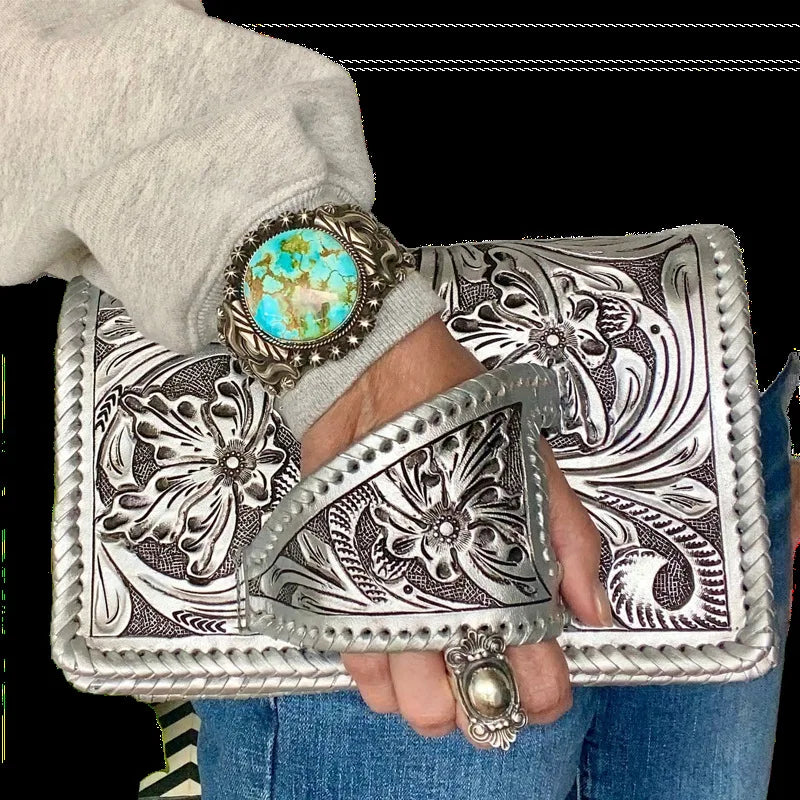2026 New HK Fashion Western Style Handbag Vintage PU Silver Embossed Large Capacity Handbag for Women Portable Handbag
