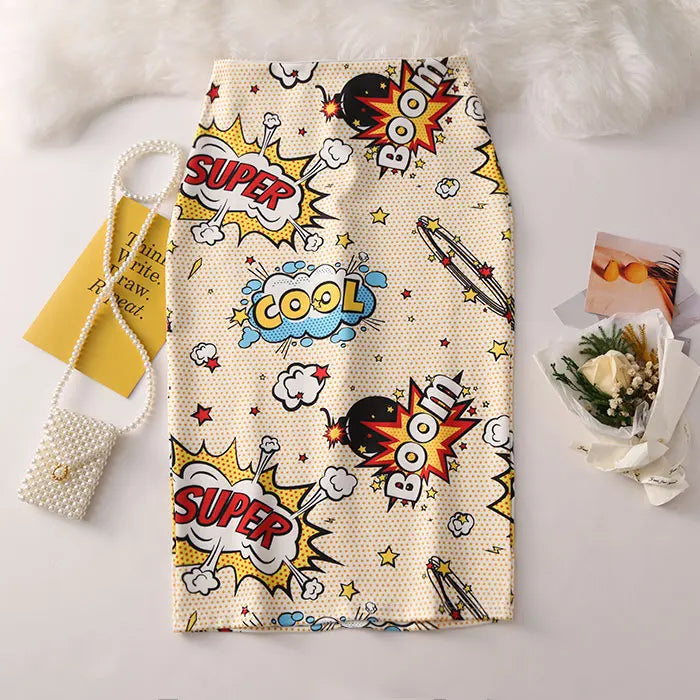 Women's Pencil Skirts Letters Printed Graphic Summer Autumn High Waist  Slit Tube Faldas Woman Stretch Skirt Female GD503