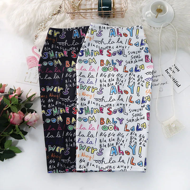 Women's Pencil Skirts Letters Printed Graphic Summer Autumn High Waist  Slit Tube Faldas Woman Stretch Skirt Female GD503
