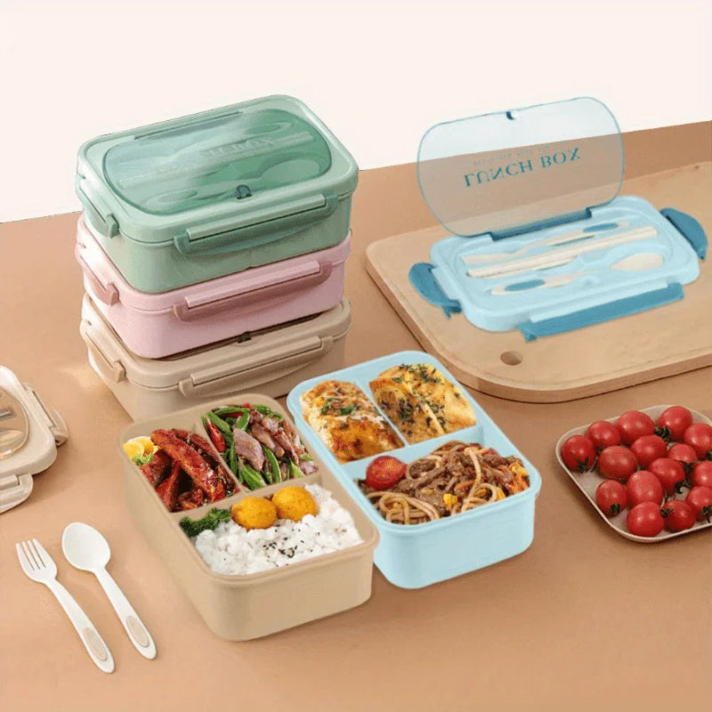 Lunch Box Set With Carry Bag: Microwave-Safe Sections, Rectangular Container For Adults, School & Office Use