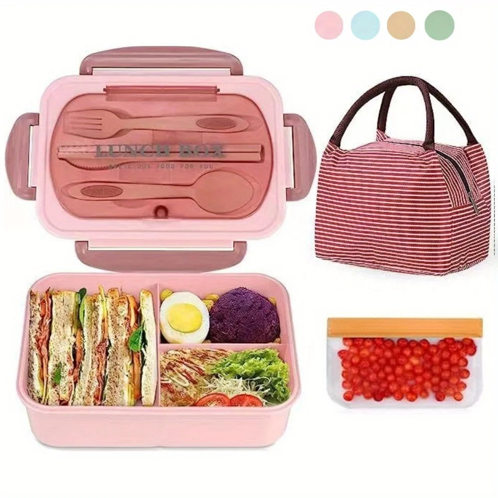 Lunch Box Set With Carry Bag: Microwave-Safe Sections, Rectangular Container For Adults, School & Office Use