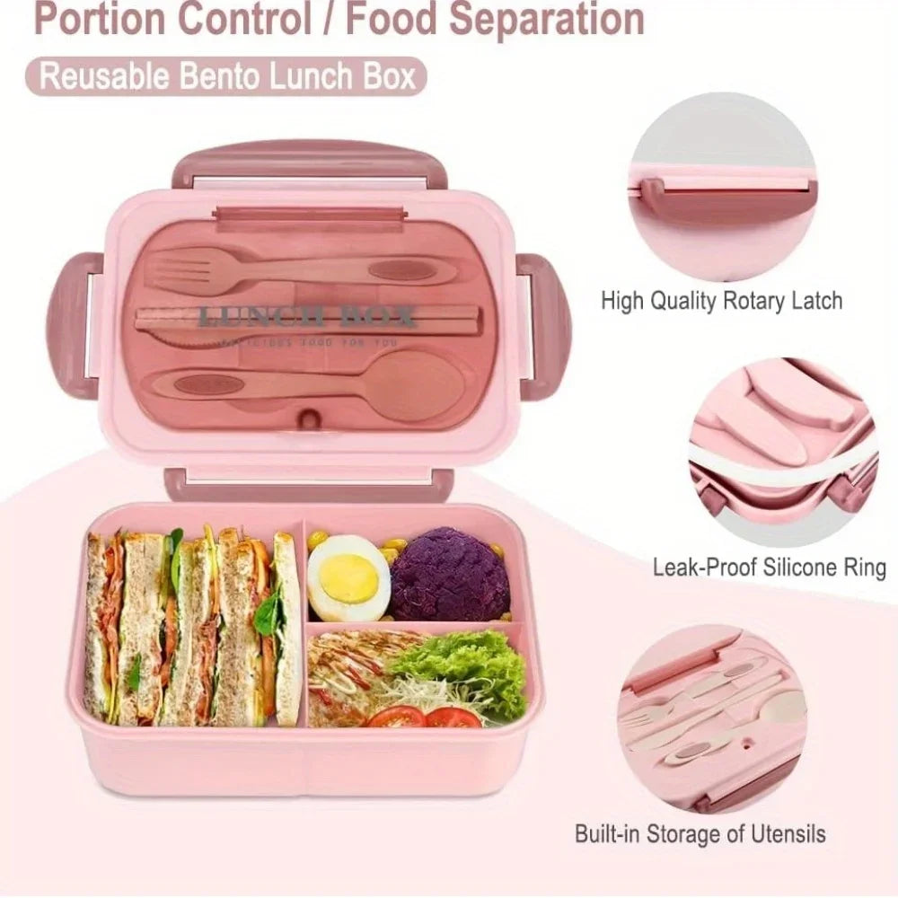 Lunch Box Set With Carry Bag: Microwave-Safe Sections, Rectangular Container For Adults, School & Office Use