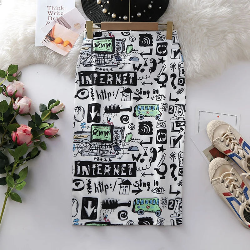 Women's Pencil Skirts Letters Printed Graphic Summer Autumn High Waist  Slit Tube Faldas Woman Stretch Skirt Female GD503