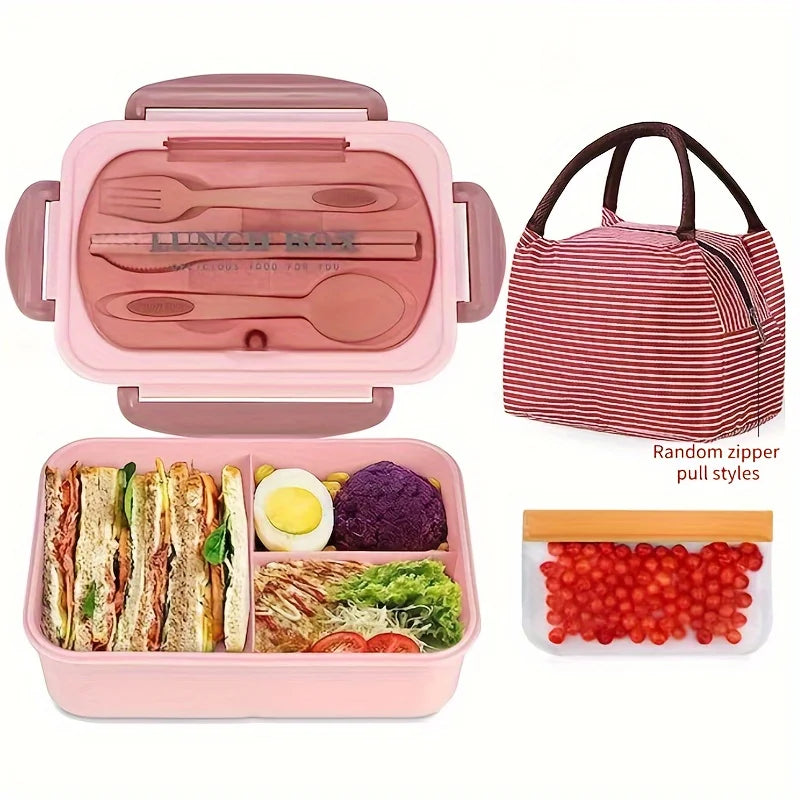 Lunch Box Set With Carry Bag: Microwave-Safe Sections, Rectangular Container For Adults, School & Office Use