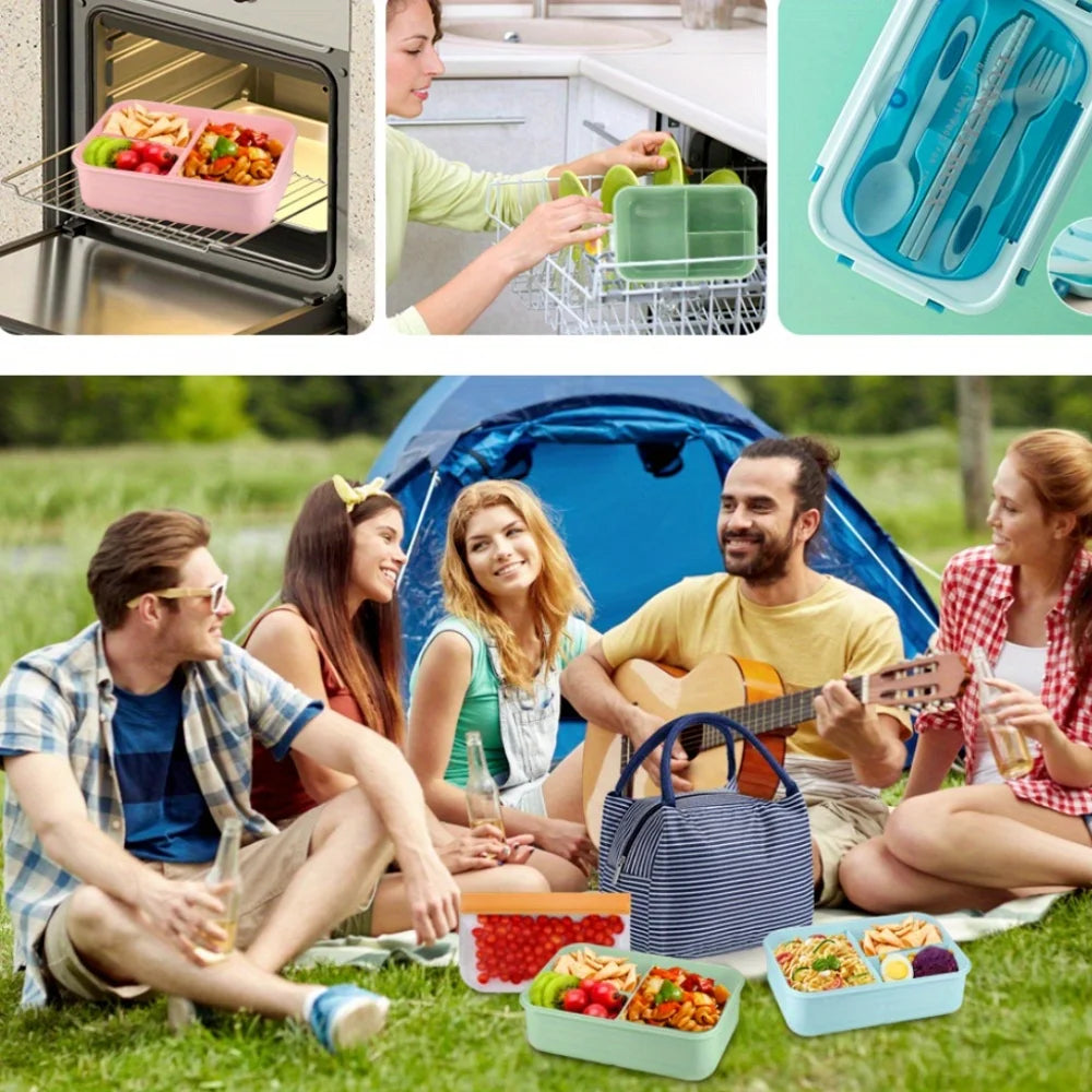 Lunch Box Set With Carry Bag: Microwave-Safe Sections, Rectangular Container For Adults, School & Office Use