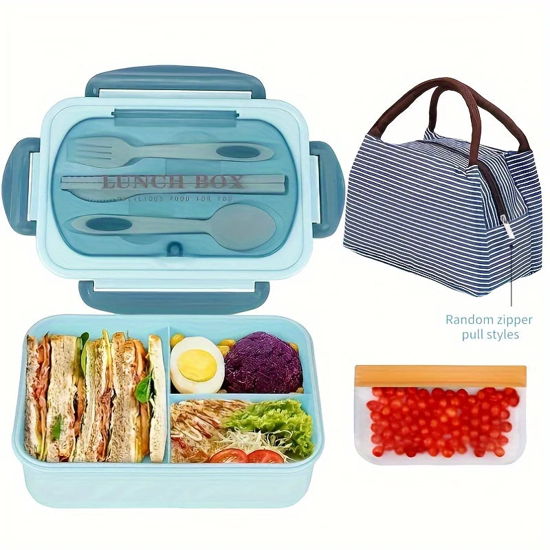 Lunch Box Set With Carry Bag: Microwave-Safe Sections, Rectangular Container For Adults, School & Office Use
