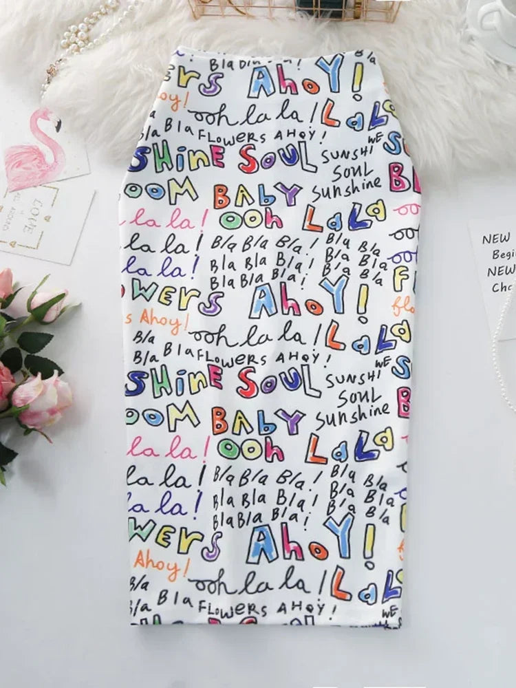 Women's Pencil Skirts Letters Printed Graphic Summer Autumn High Waist  Slit Tube Faldas Woman Stretch Skirt Female GD503