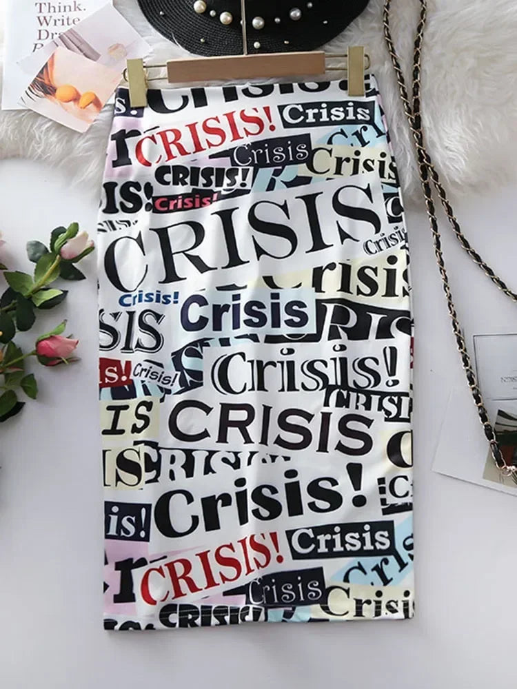 Women's Pencil Skirts Letters Printed Graphic Summer Autumn High Waist  Slit Tube Faldas Woman Stretch Skirt Female GD503