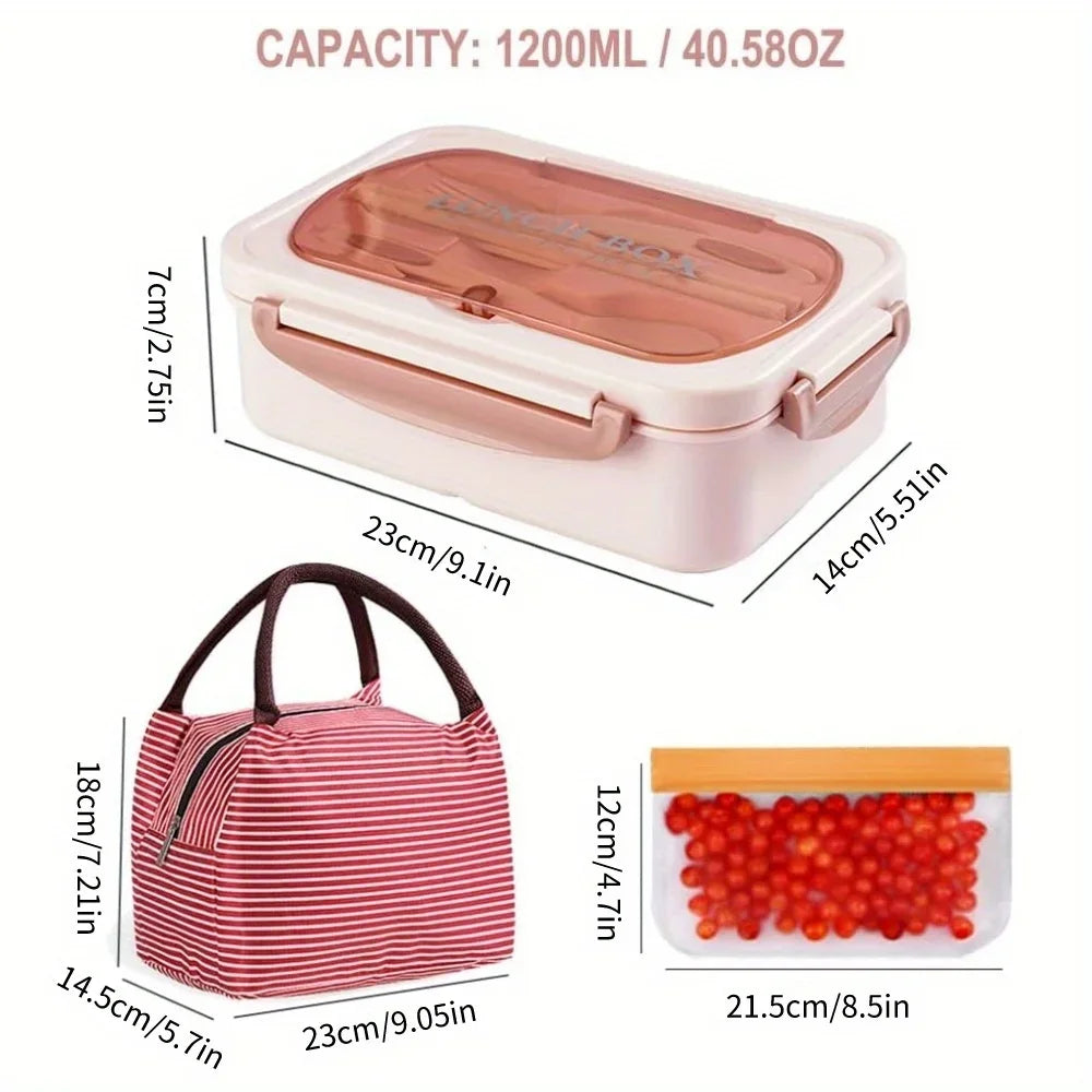 Lunch Box Set With Carry Bag: Microwave-Safe Sections, Rectangular Container For Adults, School & Office Use