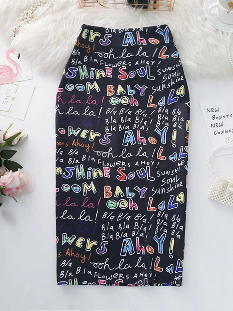 Women's Pencil Skirts Letters Printed Graphic Summer Autumn High Waist  Slit Tube Faldas Woman Stretch Skirt Female GD503