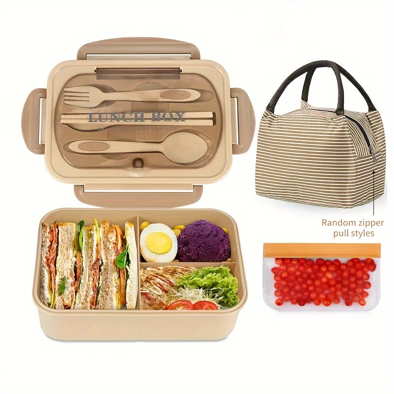 Lunch Box Set With Carry Bag: Microwave-Safe Sections, Rectangular Container For Adults, School & Office Use
