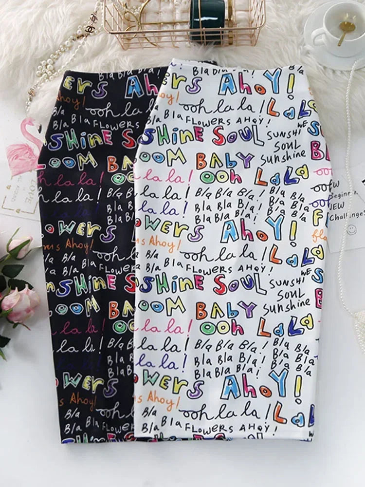 Women's Pencil Skirts Letters Printed Graphic Summer Autumn High Waist  Slit Tube Faldas Woman Stretch Skirt Female GD503