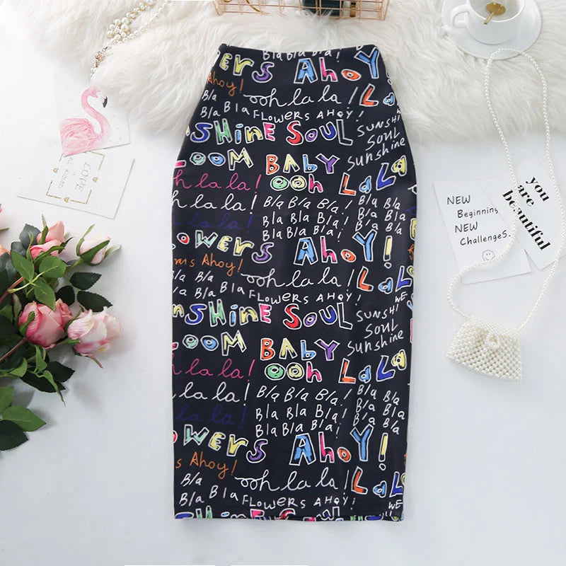 Women's Pencil Skirts Letters Printed Graphic Summer Autumn High Waist  Slit Tube Faldas Woman Stretch Skirt Female GD503