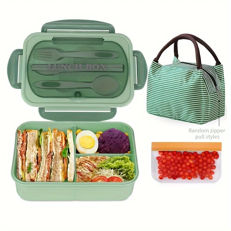 Lunch Box Set With Carry Bag: Microwave-Safe Sections, Rectangular Container For Adults, School & Office Use
